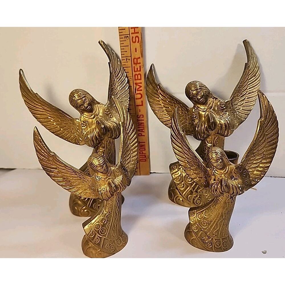 4 Vintage Candle Holders Angels Figurine Heavy Solid Brass India